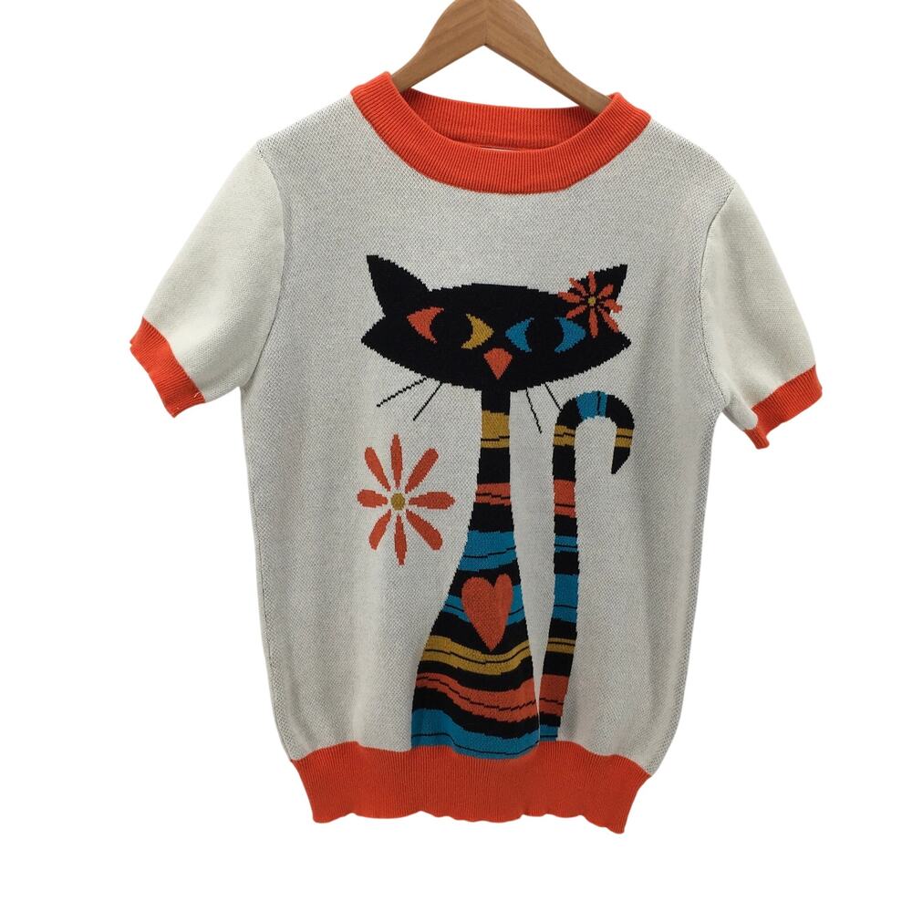 OXKnit Women's 60s Retro Cat Knit Top Size L Mid-Century Modern Mod Aesthetic